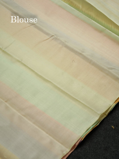 Beautiful Multicolour Kanjivaram Kora Silk Saree With Contrast Cream Sandal Blouse