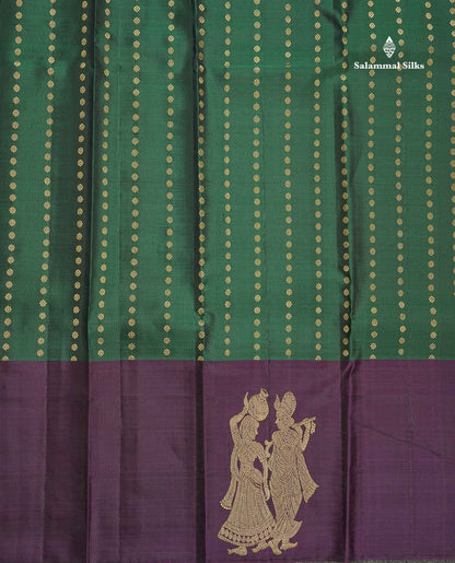 Pure Kanjivaram Silk Saree - Bottle Green Colour Body With Zari Butta & Deep Purple Border