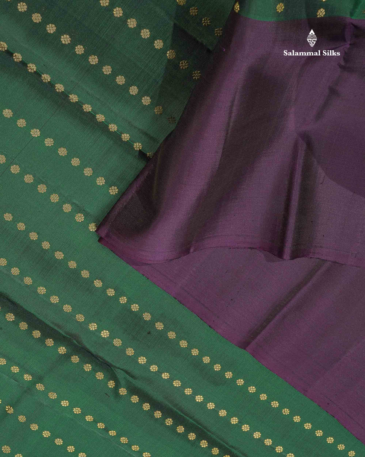 Pure Kanjivaram Silk Saree - Bottle Green Colour Body With Zari Butta & Deep Purple Border