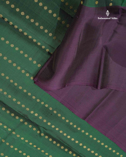 Pure Kanjivaram Silk Saree - Bottle Green Colour Body With Zari Butta & Deep Purple Border