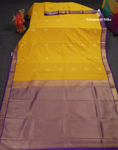 Beautiful Yellow Semi Silk Saree With Contrast Dark Purple Traditional Small Border
