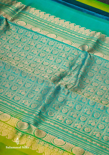 Beautiful Dual Tone Parrot Green Menakari Work Pure Kanjivaram Silk Saree With Contrast Sapphire Green Traditional Evening Morning Border