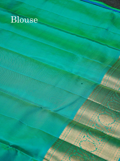 Beautiful Dual Tone Parrot Green Menakari Work Pure Kanjivaram Silk Saree With Contrast Sapphire Green Traditional Evening Morning Border