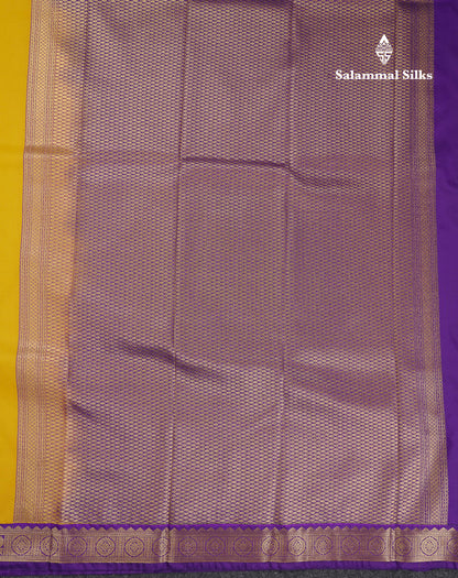 Beautiful Yellow Semi Silk Saree With Contrast Dark Purple Traditional Small Border