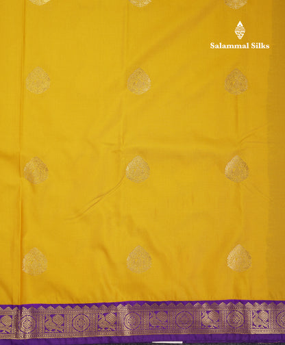 Beautiful Yellow Semi Silk Saree With Contrast Dark Purple Traditional Small Border