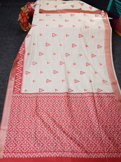 Cotton Mix Saree - Cream Sandal Along With Contrast Tomato Red Fancy Border
