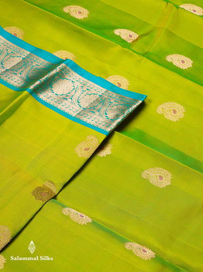 Beautiful Dual Tone Parrot Green Menakari Work Pure Kanjivaram Silk Saree With Contrast Sapphire Green Traditional Evening Morning Border