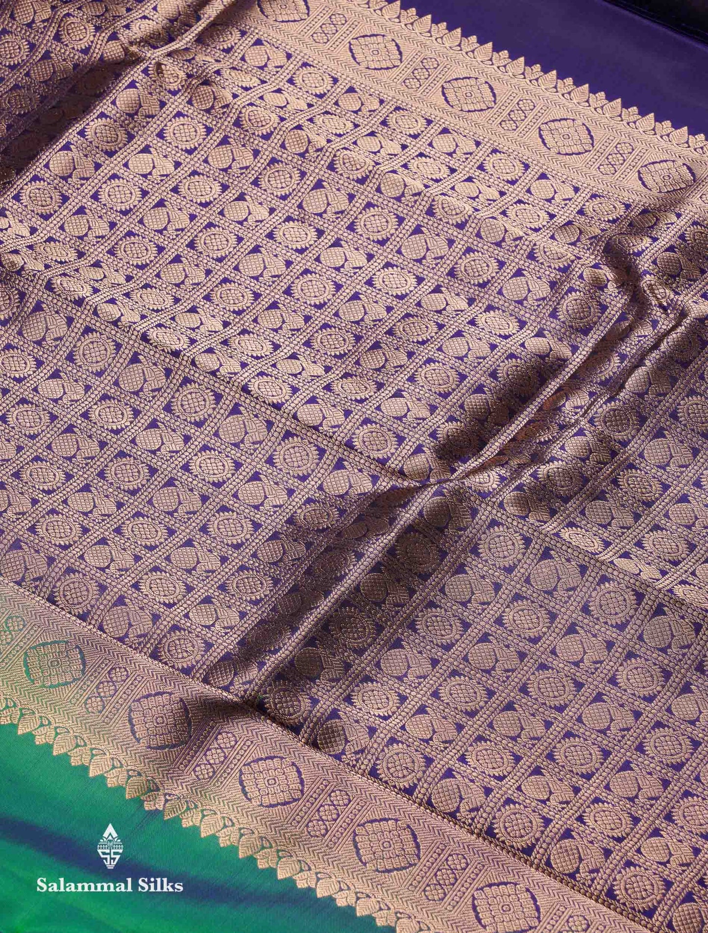 Beautiful Dual Tone Peacock Green Menakari Work Pure Kanjivaram Silk Saree With Contrast Navy Blue Traditional Border
