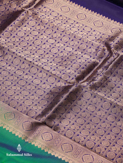 Beautiful Dual Tone Peacock Green Menakari Work Pure Kanjivaram Silk Saree With Contrast Navy Blue Traditional Border