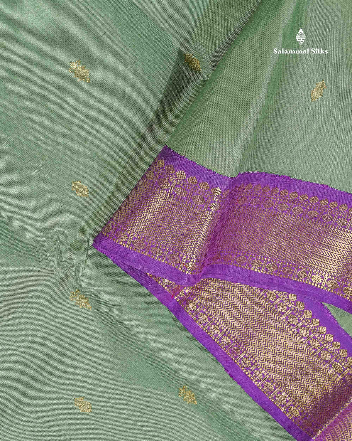 Korvai Pure Kanjivaram Silk Saree - Light Green Colour Body With Zari Butta & Purple Small Border