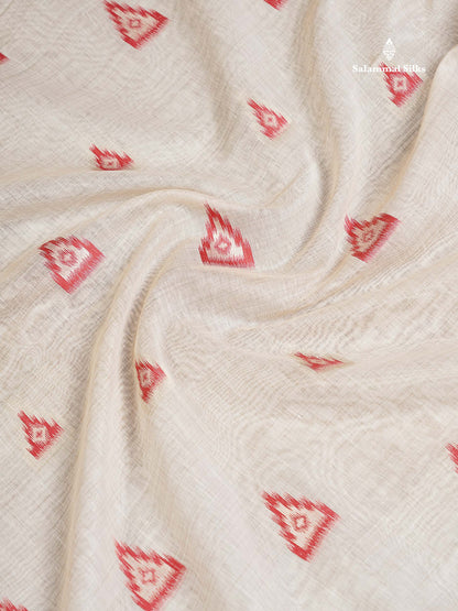 Cotton Mix Saree - Cream Sandal Along With Contrast Tomato Red Fancy Border