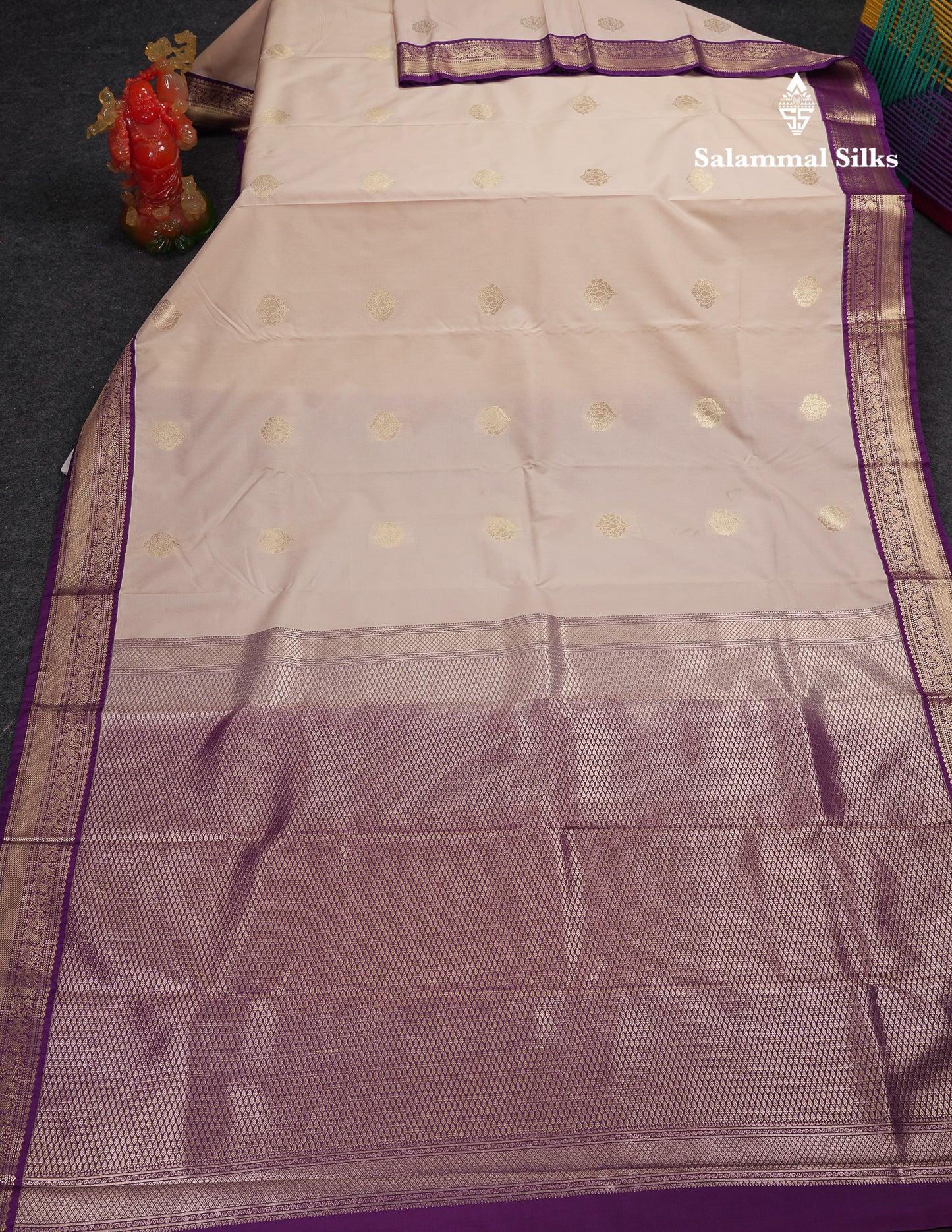 Beautiful Cream Sandal Semi Silk Saree With Contrast Dark Purple Traditional Medium Border