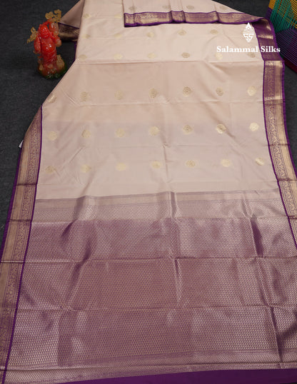 Beautiful Cream Sandal Semi Silk Saree With Contrast Dark Purple Traditional Medium Border