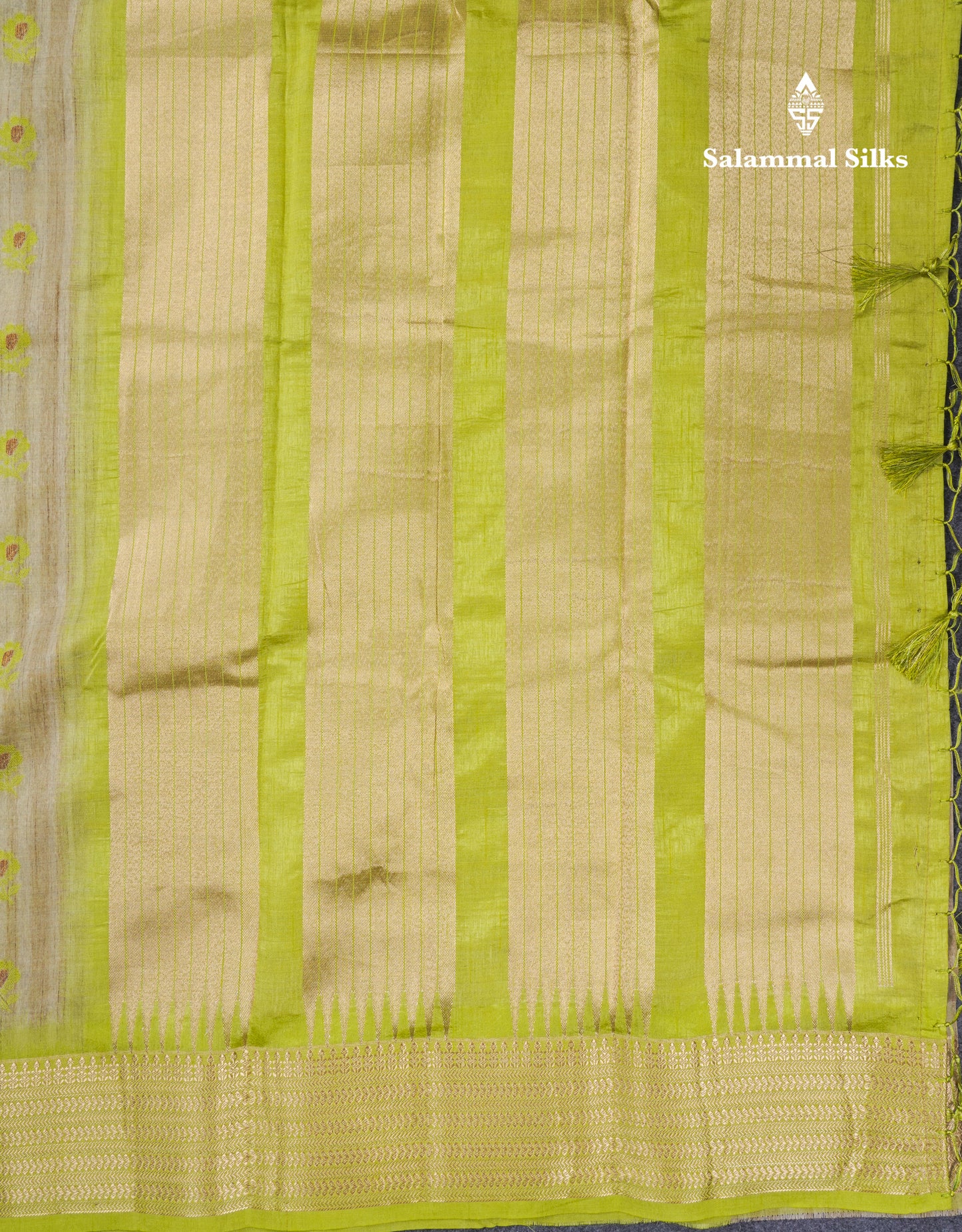 Light Sandal Semi Tussar Saree With Contrast Parrot Green Border