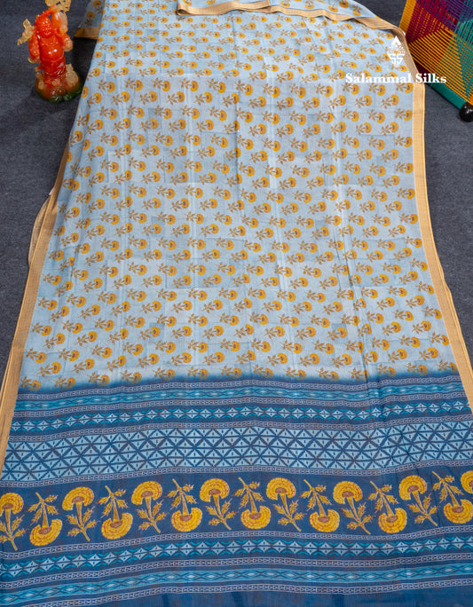 Light Blue Linen Mix Fancy Saree With Contrast Royal Blue Blouse