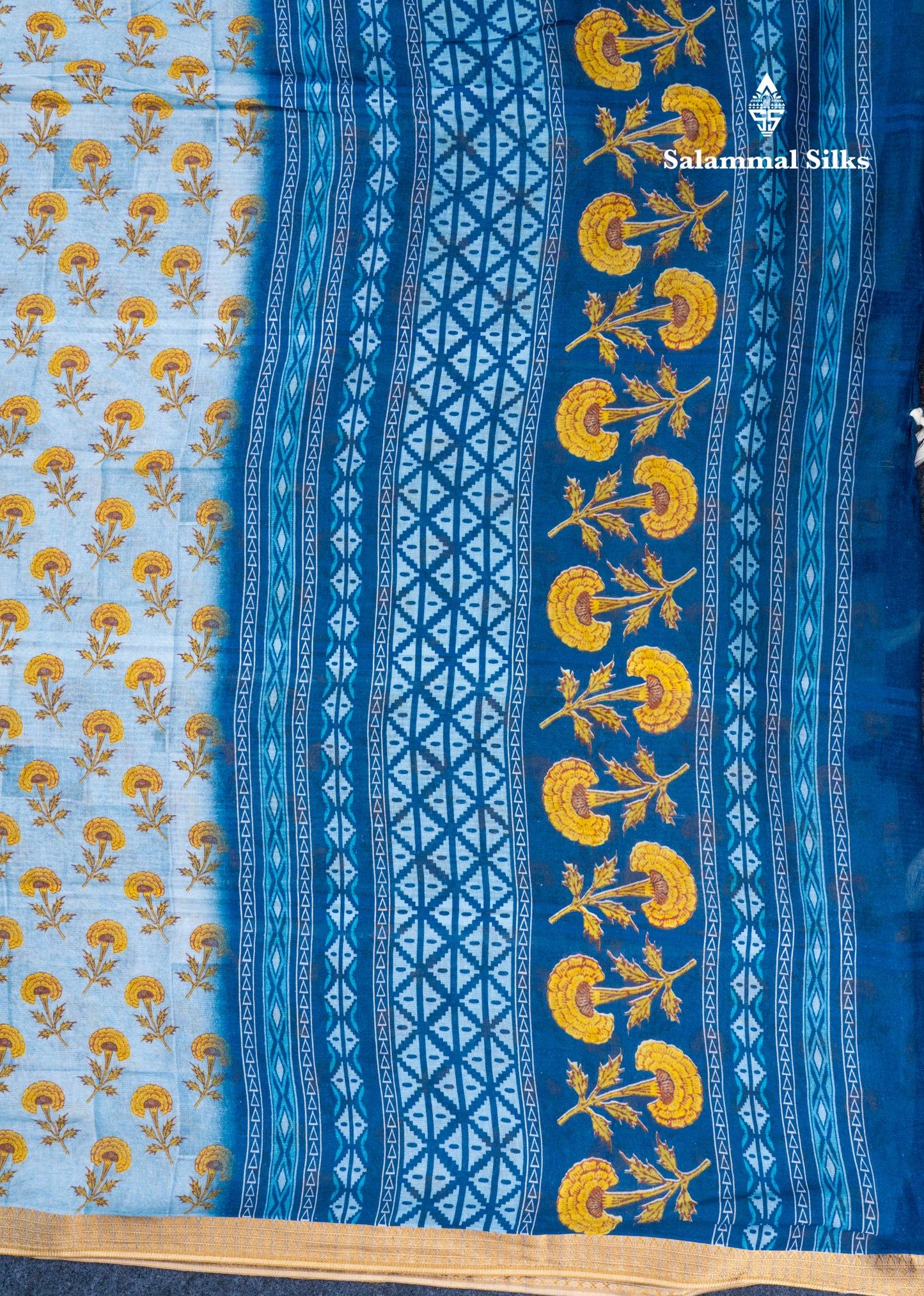 Light Blue Linen Mix Fancy Saree With Contrast Royal Blue Blouse