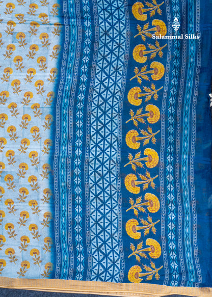 Light Blue Linen Mix Fancy Saree With Contrast Royal Blue Blouse