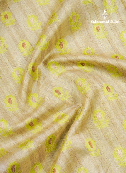 Light Sandal Semi Tussar Saree With Contrast Parrot Green Border