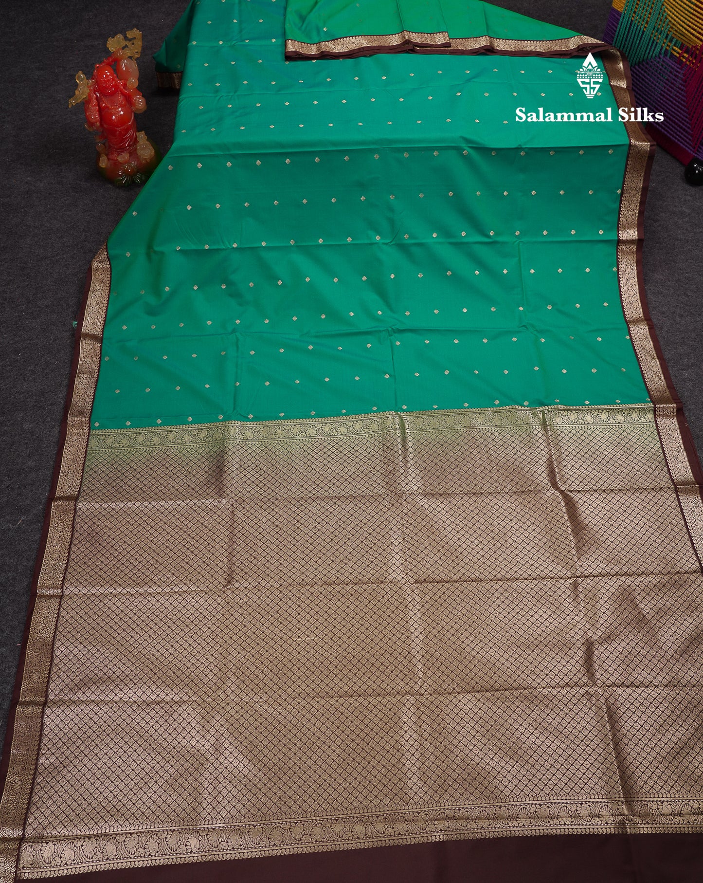 Beautiful Dual Tone Sapphire Green Semi Silk Saree With Contrast Brown Small Traditional Border
