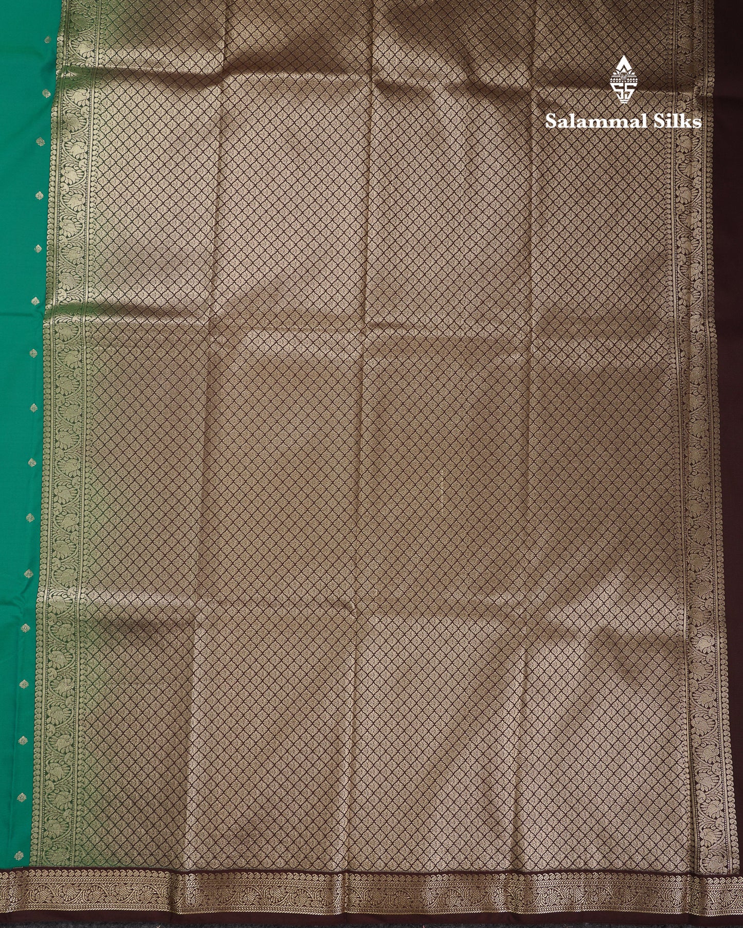 Beautiful Dual Tone Sapphire Green Semi Silk Saree With Contrast Brown Small Traditional Border