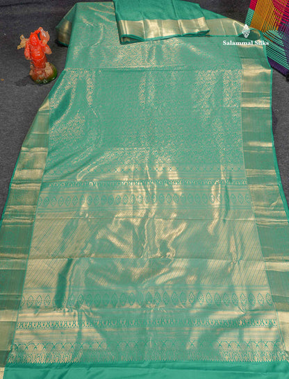 Bridal Semi Silk Saree - Sapphire Green Colour Body With Traditional Border 