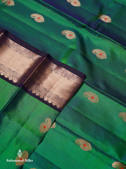 Beautiful Dual Tone Peacock Green Menakari Work Pure Kanjivaram Silk Saree With Contrast Navy Blue Traditional Border