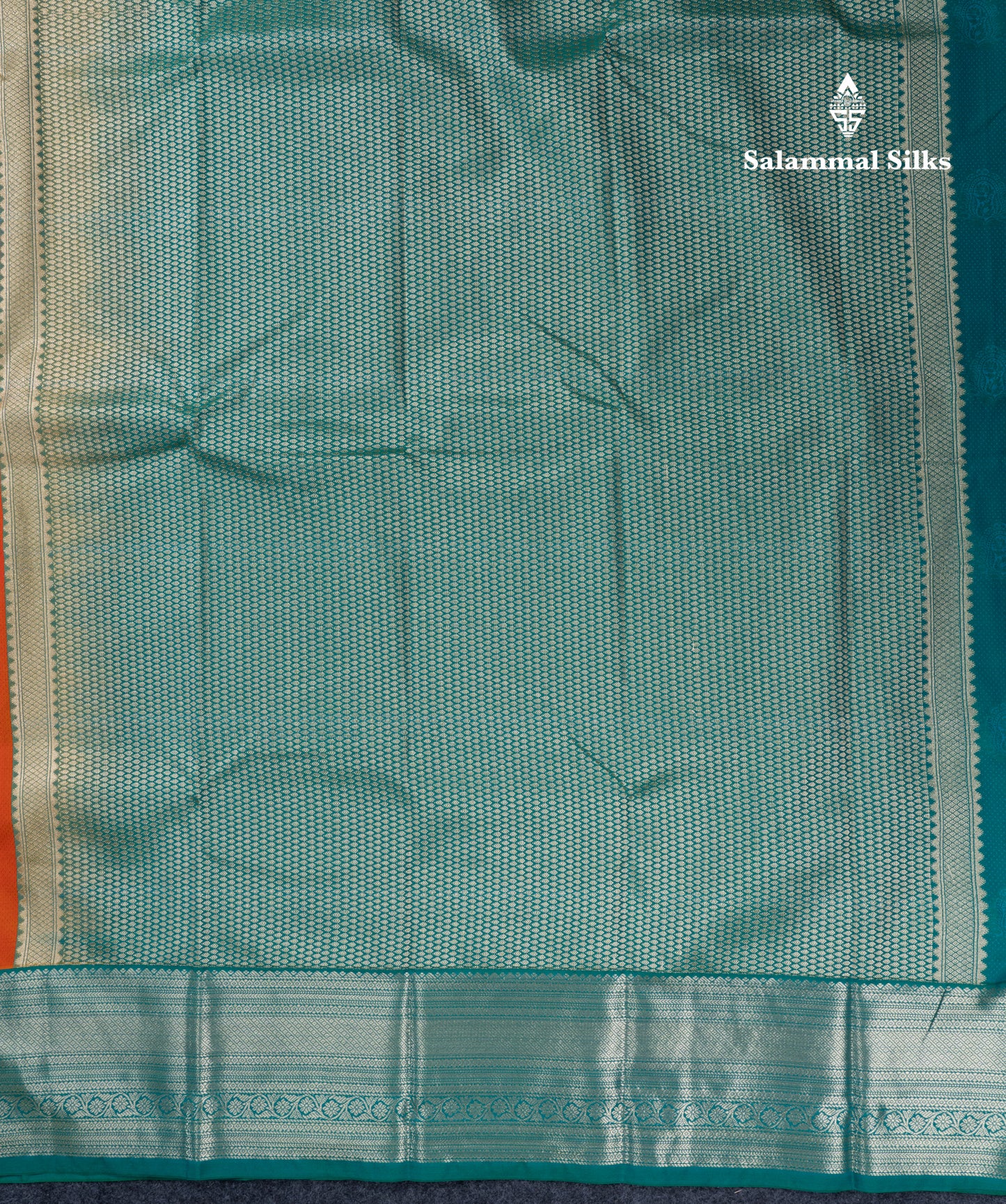 Orange Semi Silk Saree With Contrast Sapphire Green Traditional Border