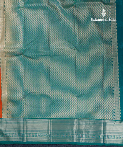 Orange Semi Silk Saree With Contrast Sapphire Green Traditional Border