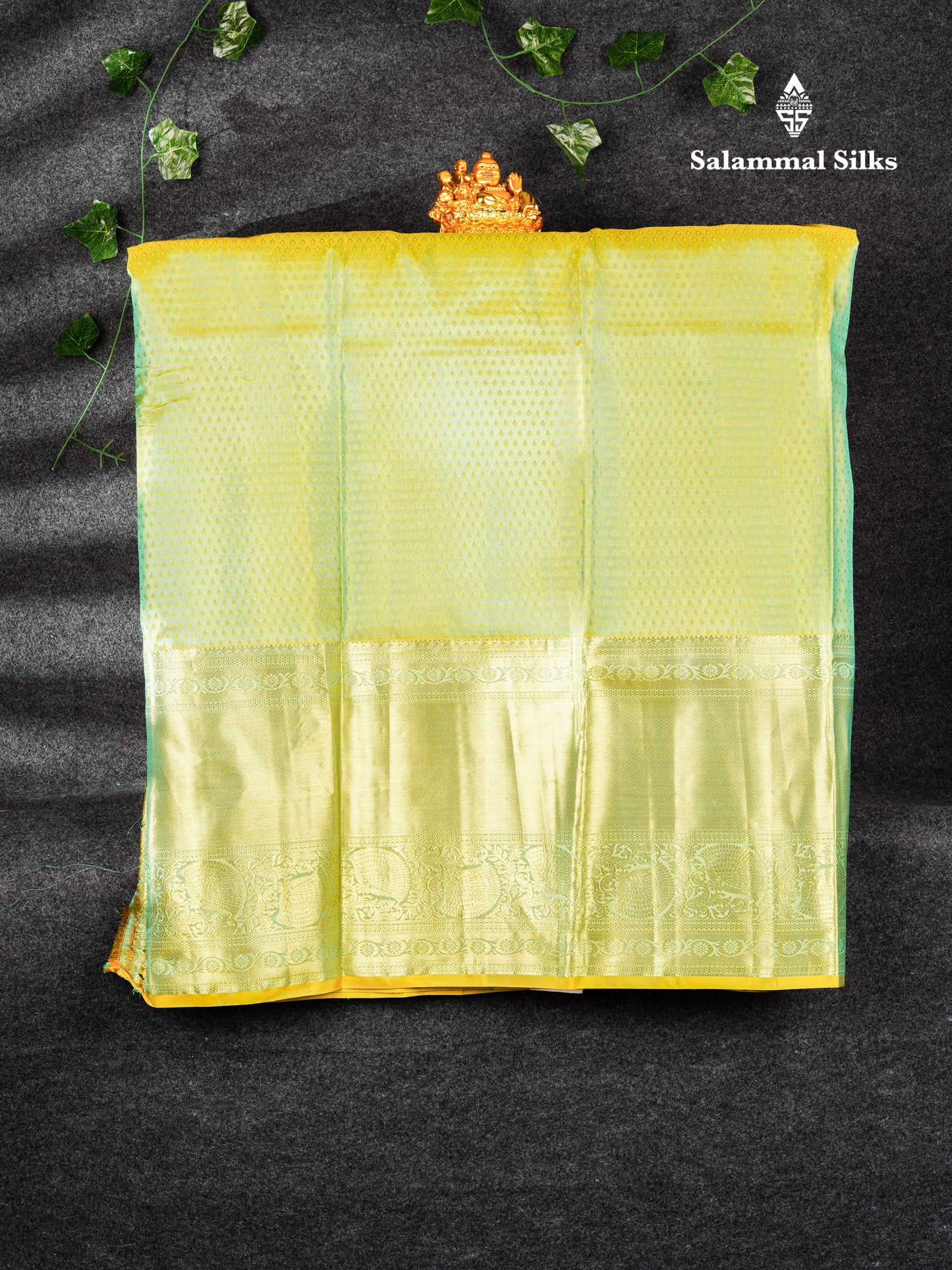 Pure Silk Pattu Pavadai (Saffire Green) With Manthulir Green Blouse 44"