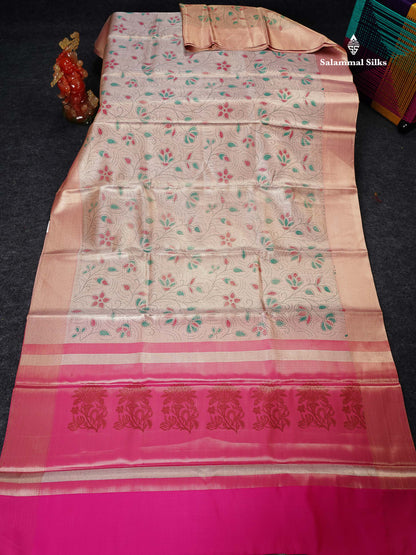 Tissue Saree - Baby Pink Printed Jyothika Celebrity Saree Along With Contrast Pink Blouse