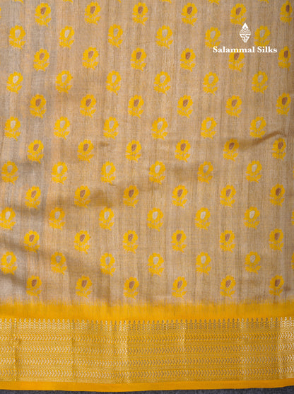 Light Chocolate Colour Semi Tussar Saree With Contrast Yellow Border