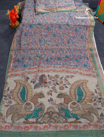 Beautiful Grey Fancy Kota Mix Tissue Saree With Contrast Elaichi Green Blouse