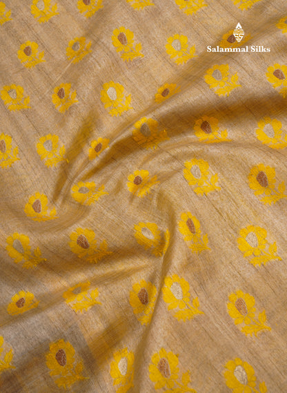 Light Chocolate Colour Semi Tussar Saree With Contrast Yellow Border