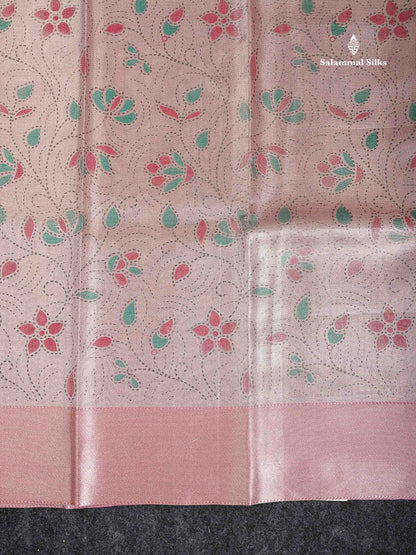 Tissue Saree - Baby Pink Printed Jyothika Celebrity Saree Along With Contrast Pink Blouse