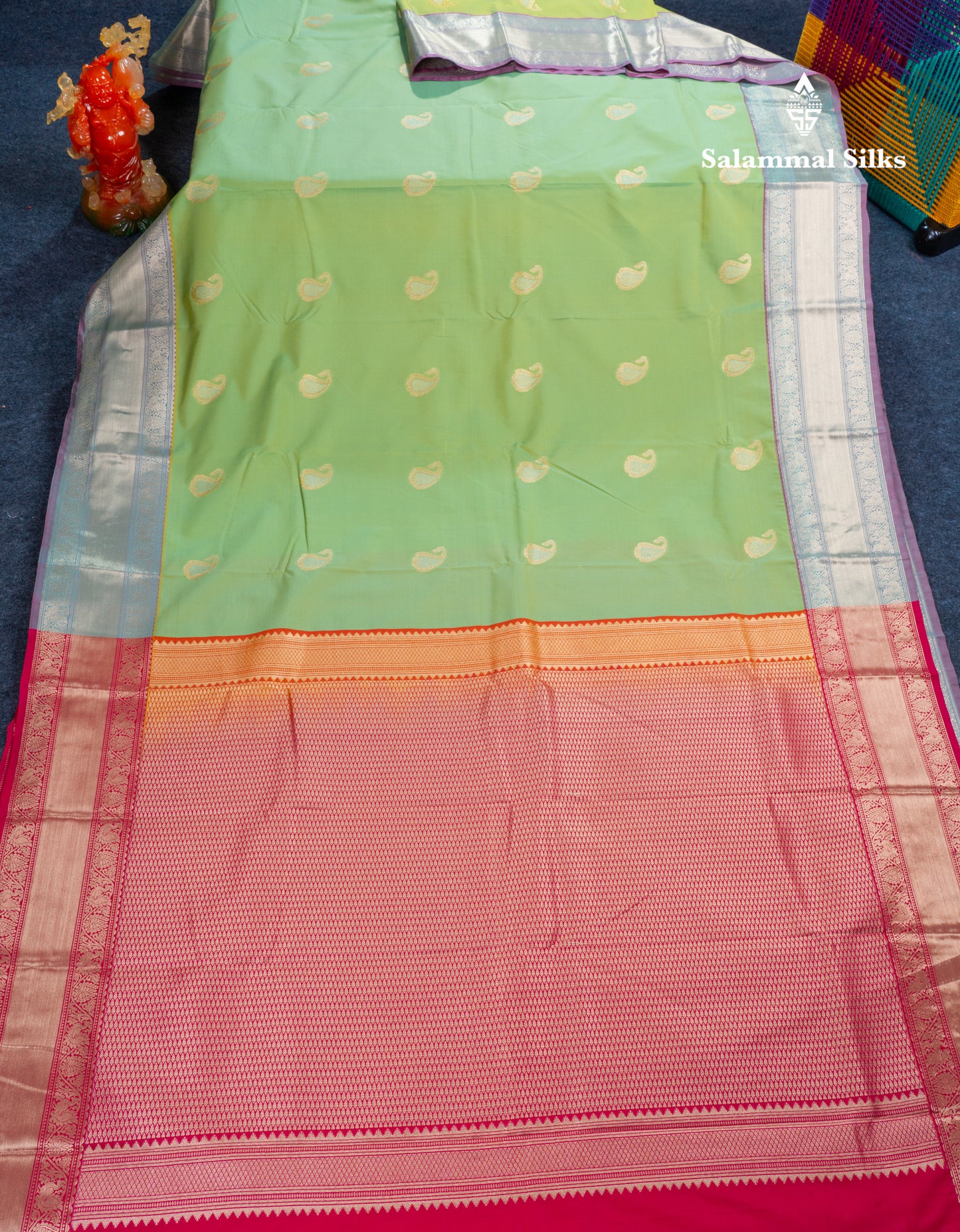 Parrot Green Semi Silk Saree With Contrast Pink Blouse