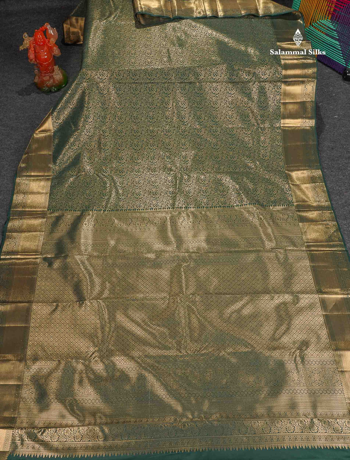 Bridal Semi Silk Saree - Bottle Green Colour Body With Traditional Border