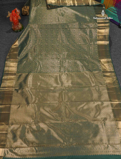 Bridal Semi Silk Saree - Bottle Green Colour Body With Traditional Border