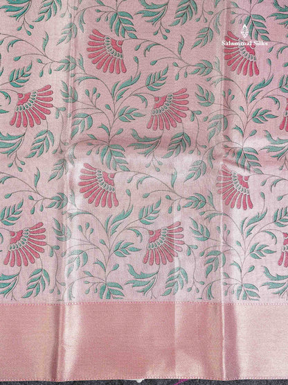 Tissue Saree - Baby Pink Printed Jyothika Celebrity Saree Along With Contrast Pink Blouse