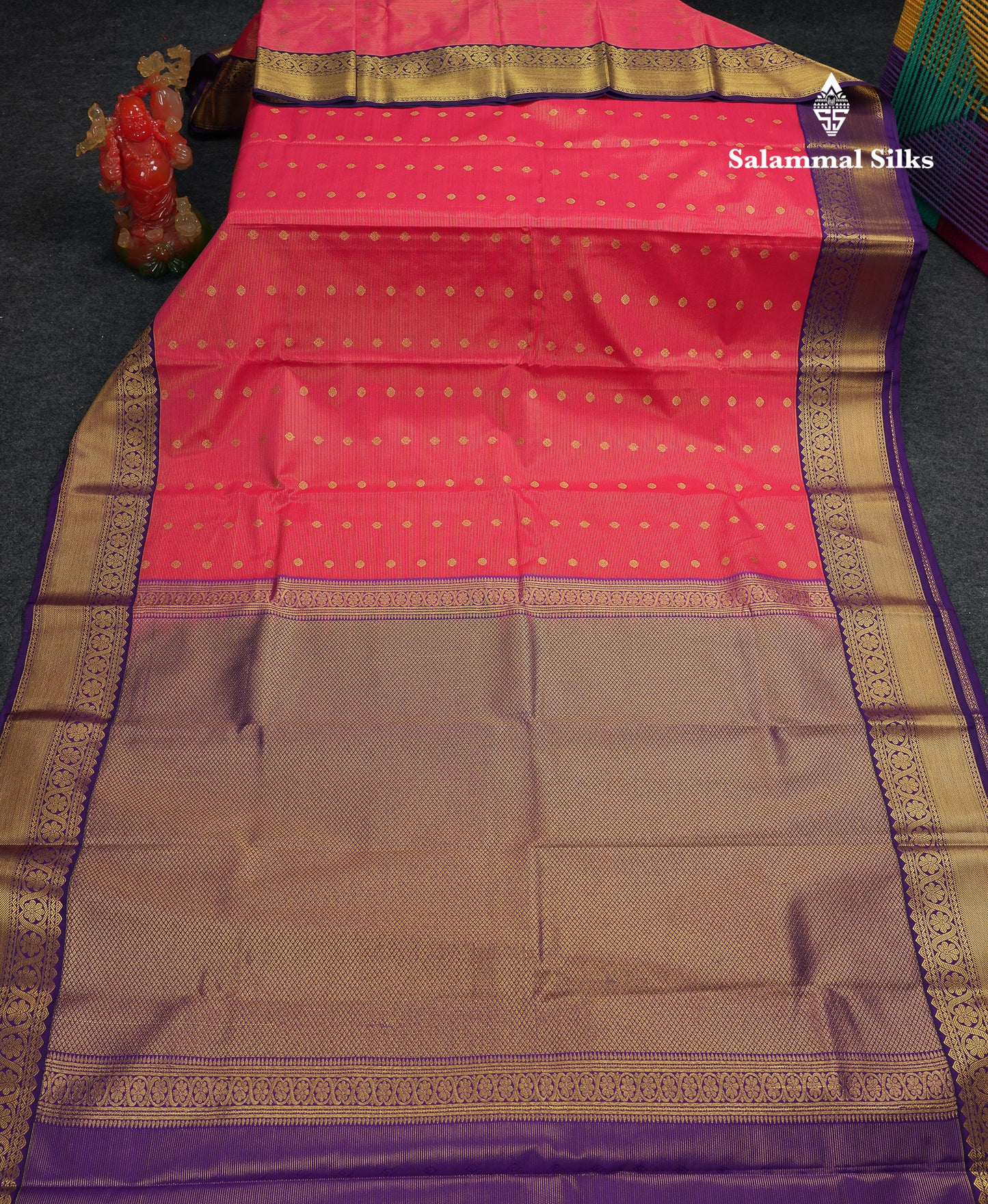 Beautiful Dual Tone Pink Vaira Oosi Lines With Butta Semi Silk Saree With Contrast Violet Traditional Border