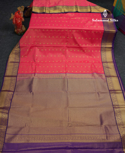 Beautiful Dual Tone Pink Vaira Oosi Lines With Butta Semi Silk Saree With Contrast Violet Traditional Border