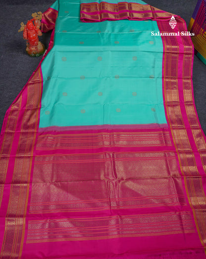 Beautiful Sapphire Blue Pure Kanjivaram Silk Saree With Contrast Pink Traditional Border
