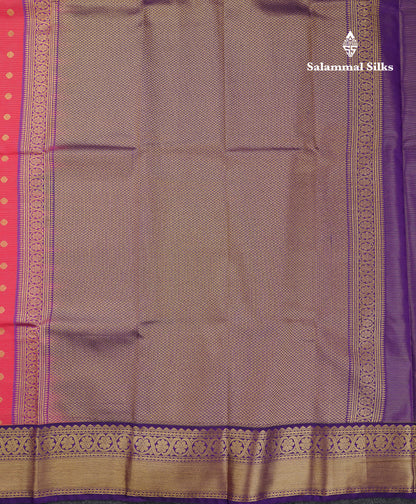 Beautiful Dual Tone Pink Vaira Oosi Lines With Butta Semi Silk Saree With Contrast Violet Traditional Border