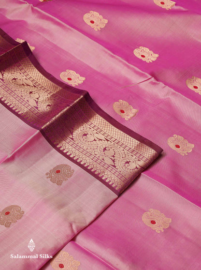 Beautiful Light Pink Menakari Work Pure Kanjivaram Silk Saree With Contrast Magenta Traditional Evening Morning Border