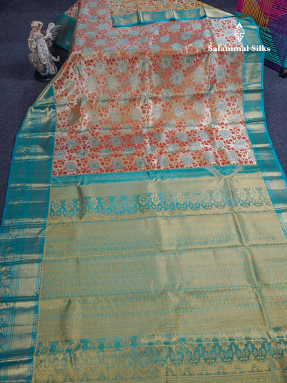 Cream Tissue Bridal Pure Kanjivaram Silk Saree With Sapphire Green Border