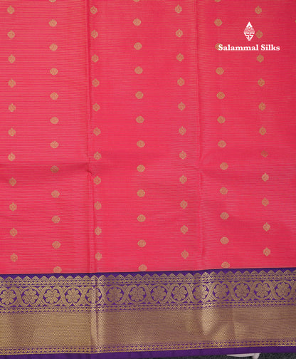 Beautiful Dual Tone Pink Vaira Oosi Lines With Butta Semi Silk Saree With Contrast Violet Traditional Border