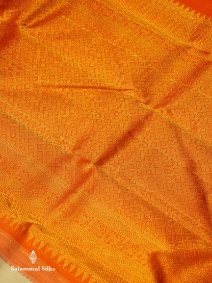 Korvai Beautiful Cream Sandal Pure Kanjivaram Silk Saree With Contrast Orange Traditional Border