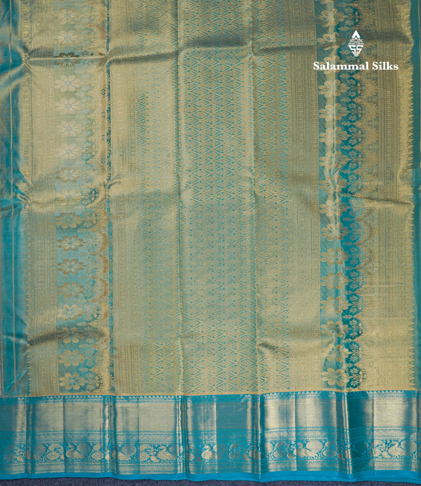 Cream Tissue Bridal Pure Kanjivaram Silk Saree With Sapphire Green Border