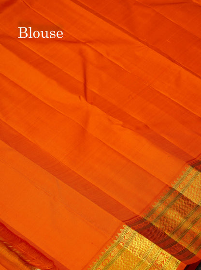 Korvai Beautiful Cream Sandal Pure Kanjivaram Silk Saree With Contrast Orange Traditional Border