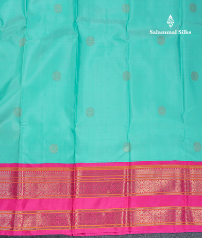 Beautiful Sapphire Blue Pure Kanjivaram Silk Saree With Contrast Pink Traditional Border