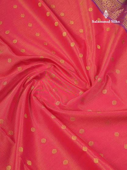 Beautiful Dual Tone Pink Vaira Oosi Lines With Butta Semi Silk Saree With Contrast Violet Traditional Border